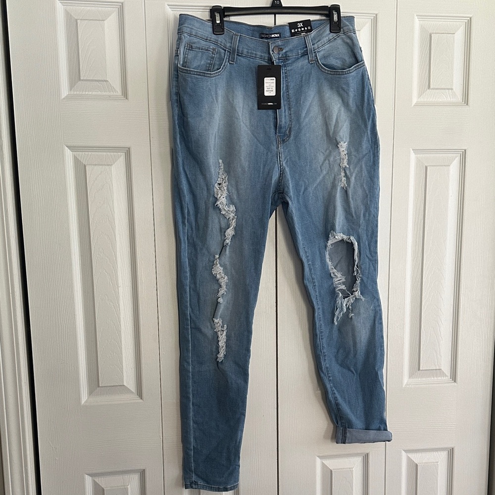 Fashion Nova Light Blue Distressed Boyfriend Jeans